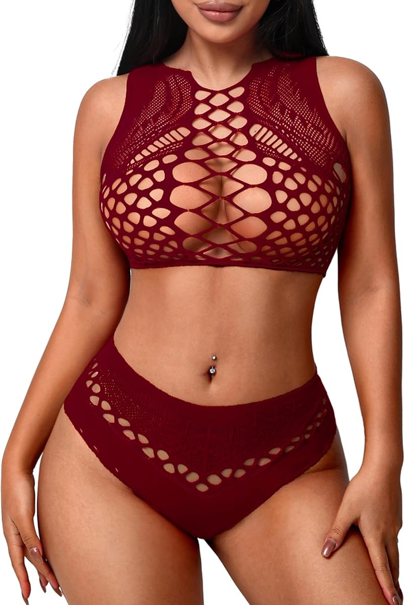 Avidlove Womens Fishnet Lingerie for Women Sexy Mesh Lingerie Set 2 Piece | One size stretchy, mesh bra and panty sets, two piece crop top and shorts, fish net outfits, rave club underwear layering