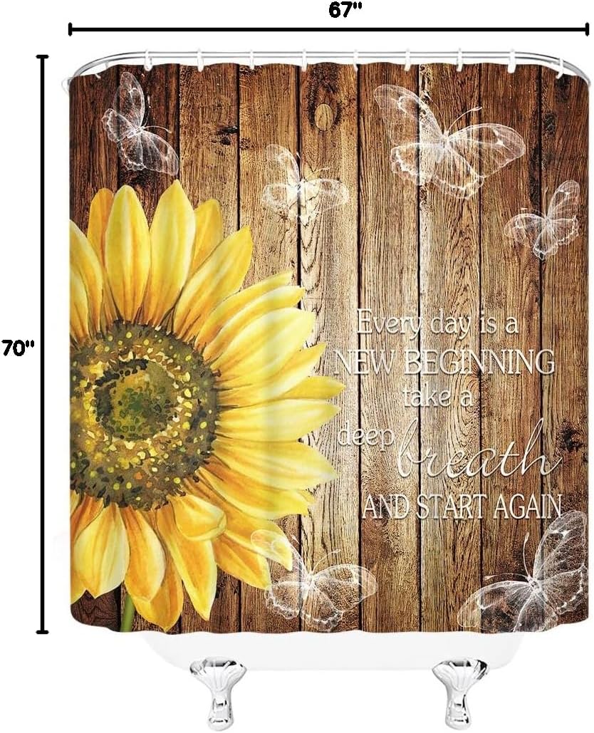 Rustic Sunflower Shower Curtain Inspirational Quotes Every Day is New Yellow Flower Butterfly Farmhouse Brown Wooden Country Motivational Word Home Decor Bathroom Fabric Set with Hooks(78"Wx70"H)