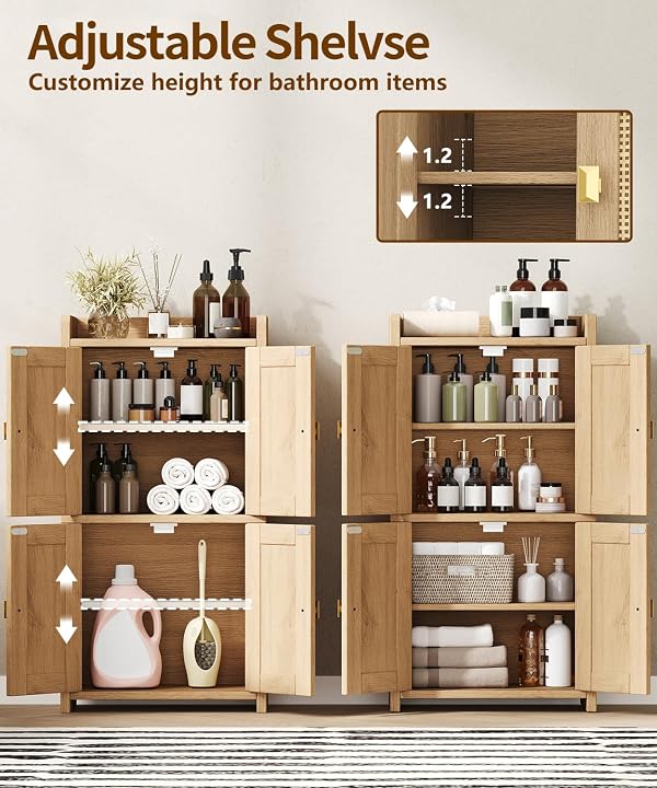 Akxomel Rattan Small Bathroom Cabinet with 4 Doors, 15" W Bathroom Floor Cabinet, Bathroom Organizer and Storage with Adjustable Shelves for Small Spaces, Natural Oak by Akxomel - Used condition - Image 2