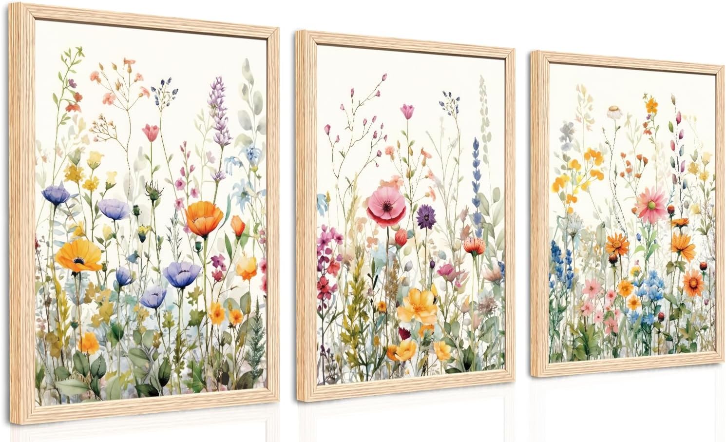 WRFON Wood Framed Colorful Wildflower Wall Art, Minimalist Watercolor Flowers Wall Decor, Colorful Botanical Poster Prints, Vintage Floral Canvas Paintings for Bedroom Bathroom Living Room 12"x16"x3