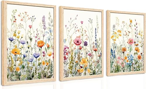 WRFON Arte de pared de flores silvestres coloridas con marco de madera, decoración de pared de flores minimalistas en acuarela, impresiones de