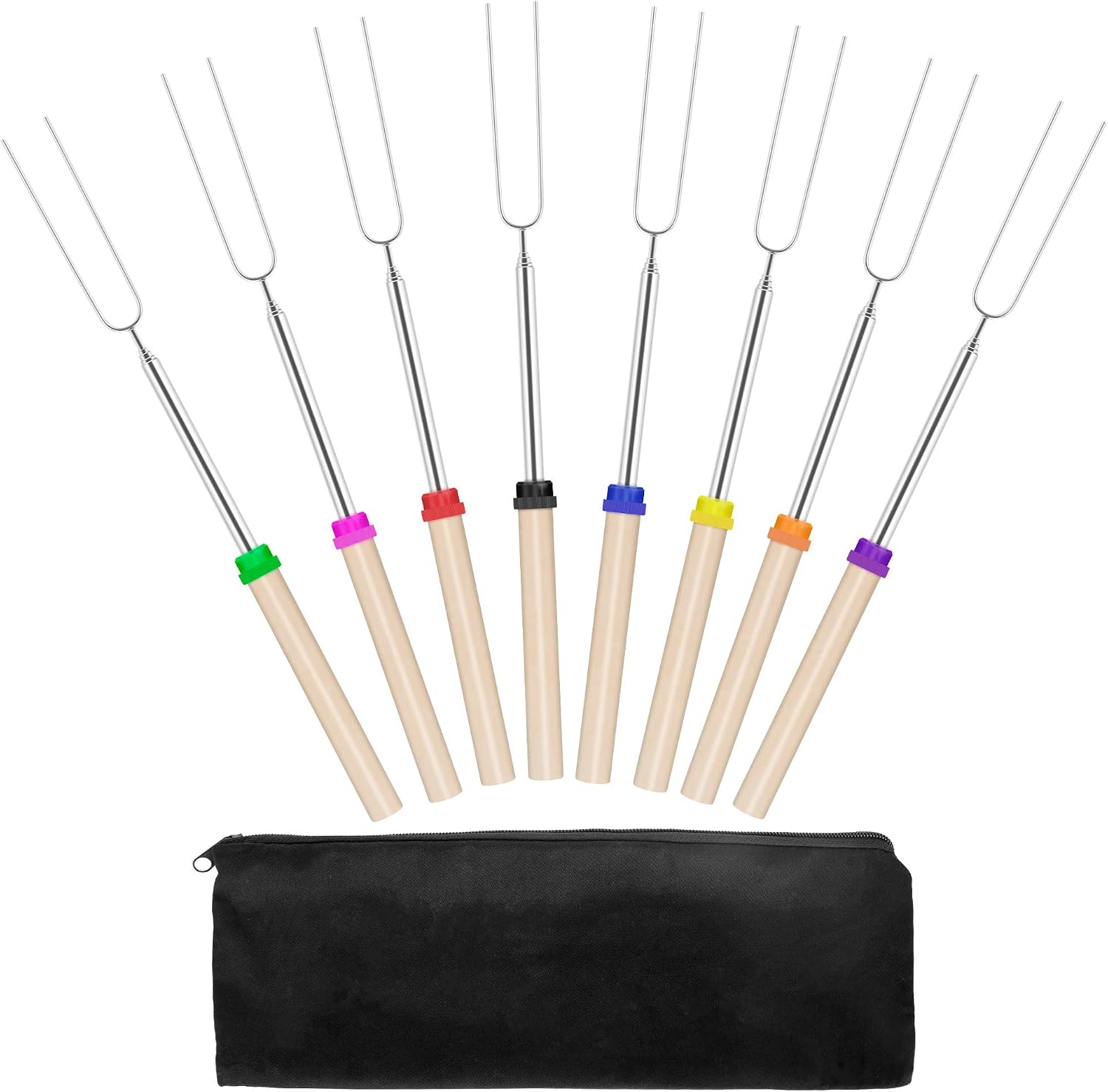 NEXGADGET Marshmallow Roasting Sticks, 8 PCS 32-Inch Stainless Steel Telescopic Barbecue Forks with Wooden Handle, Travel Pouch, Cookware for Outdoor Campfire, Fire Pit, BBQ Grill