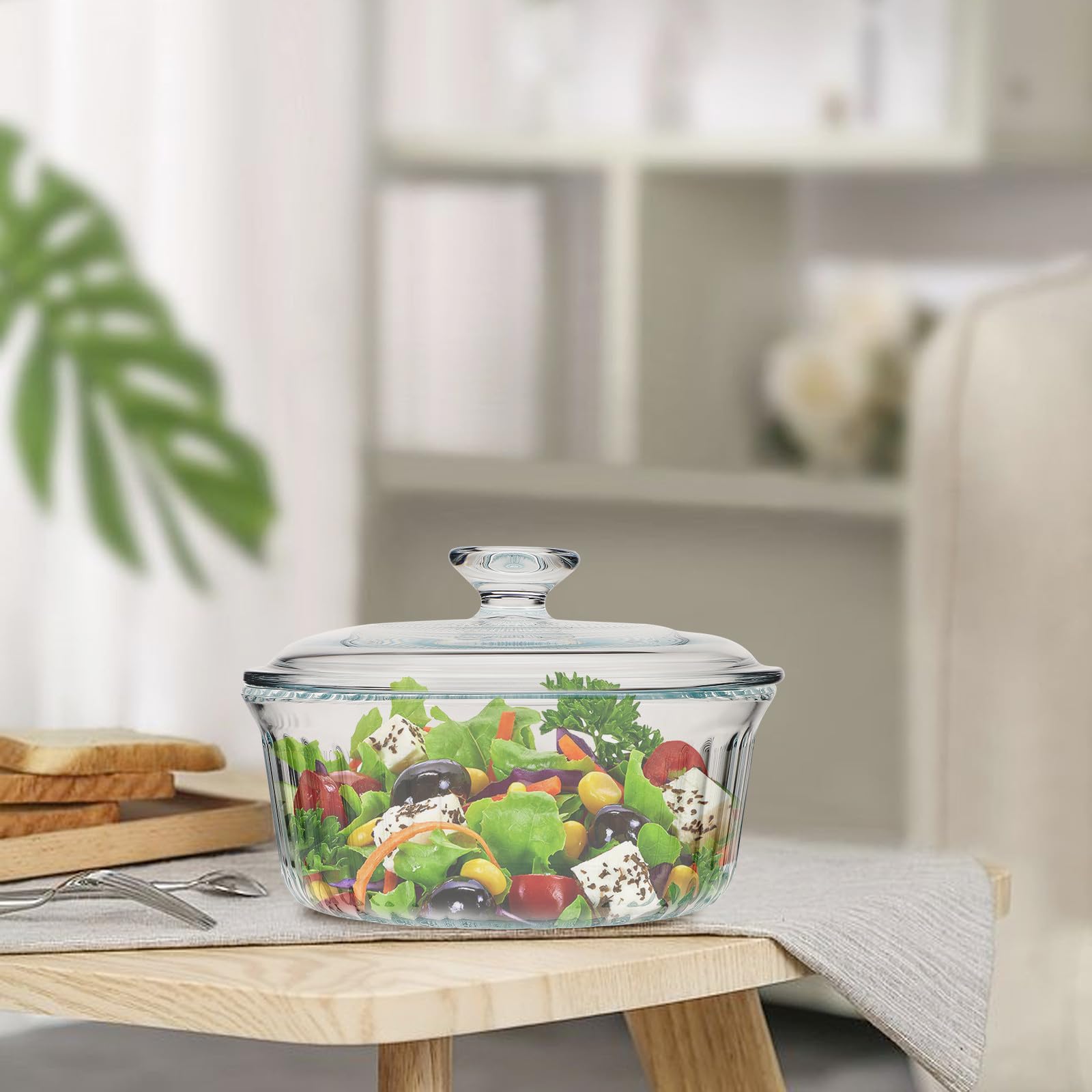 ULTECHNOVO Runde Glasauflaufform 1,6l mit Deckel Hitzebeständiges Kochgeschirr aus Klarem Glas Backofen und Mikrowellengeeignet für Suppen und Eintöpfe