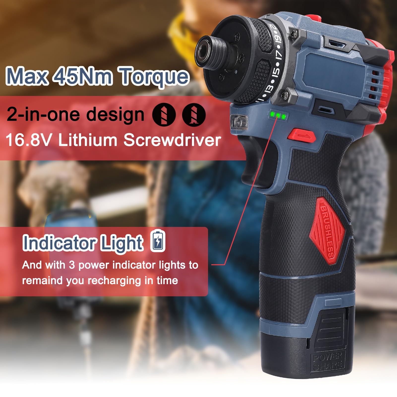 Tournevis électrique multifonction 16,8 V, couple de 45 Nm, moteur sans balais, tournevis pratique pour appareils ménagers, installation de meubles, réparation d'électronique automobile