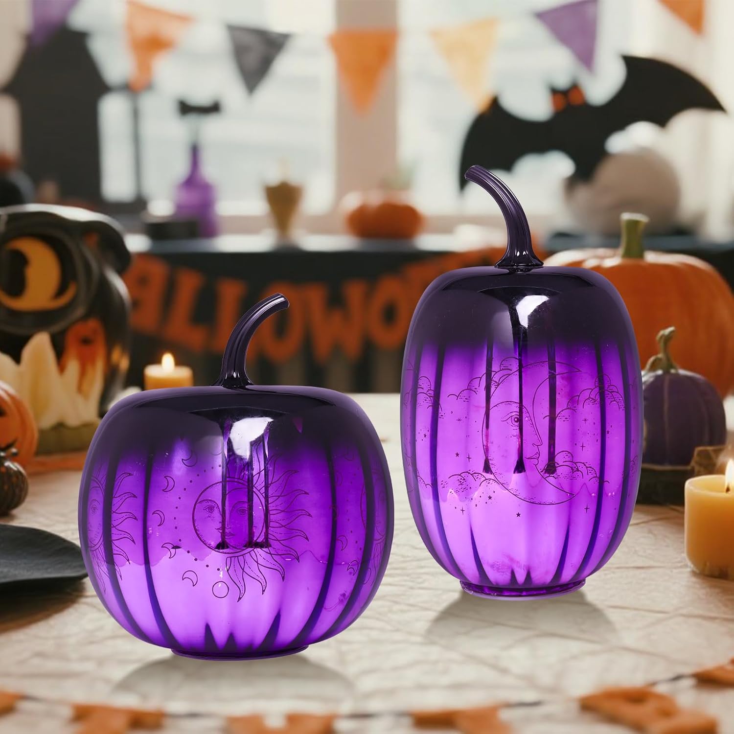 MUMTOP Lighted Halloween Pumpkin Decorations, 2 PCS Glass Pumpkins with Battery Operated LED Light for Halloween Indoor Party Home Tabletop Decorations, Purple