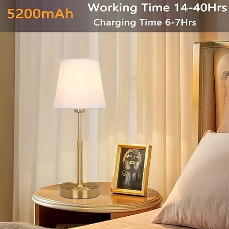 CHARYJOD Cordless LED Table Lamp, 5200mAh Portables Rechargeable Battery Desk Lamp, Touch Bedside Lamp with Fabric Shade, Stepless Dimmable Light for Bedroom, Dining Room, Patio, Balcony photo 2