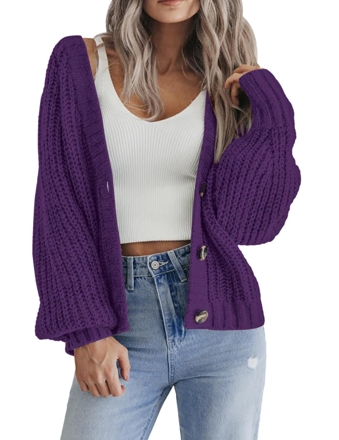Zeagoo Womens 2026 Fall Chunky Knit Cardigans Open Front Long Sleeve V Neck Button Loose Cardigan Sweaters