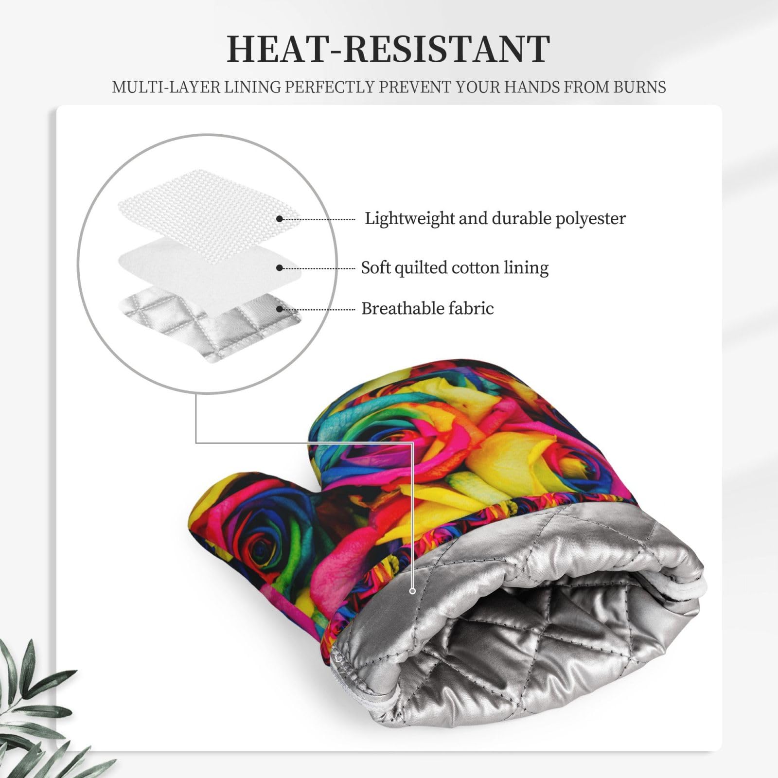 Juego de Cuatro Guantes y Manoplas Resistentes al Calor para Hornear, Guantes de Cocina Antideslizantes, Manoplas para Horno, Rosas con pétalos de arcoíris.