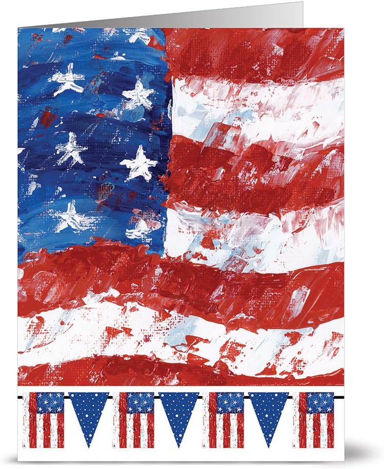Patriotic Greeting Cards 24 Pack –Flag and Pennants – Unique American Design – RED ENVELOPES Included – Glossy Cover Blank Inside – by Note Card Café