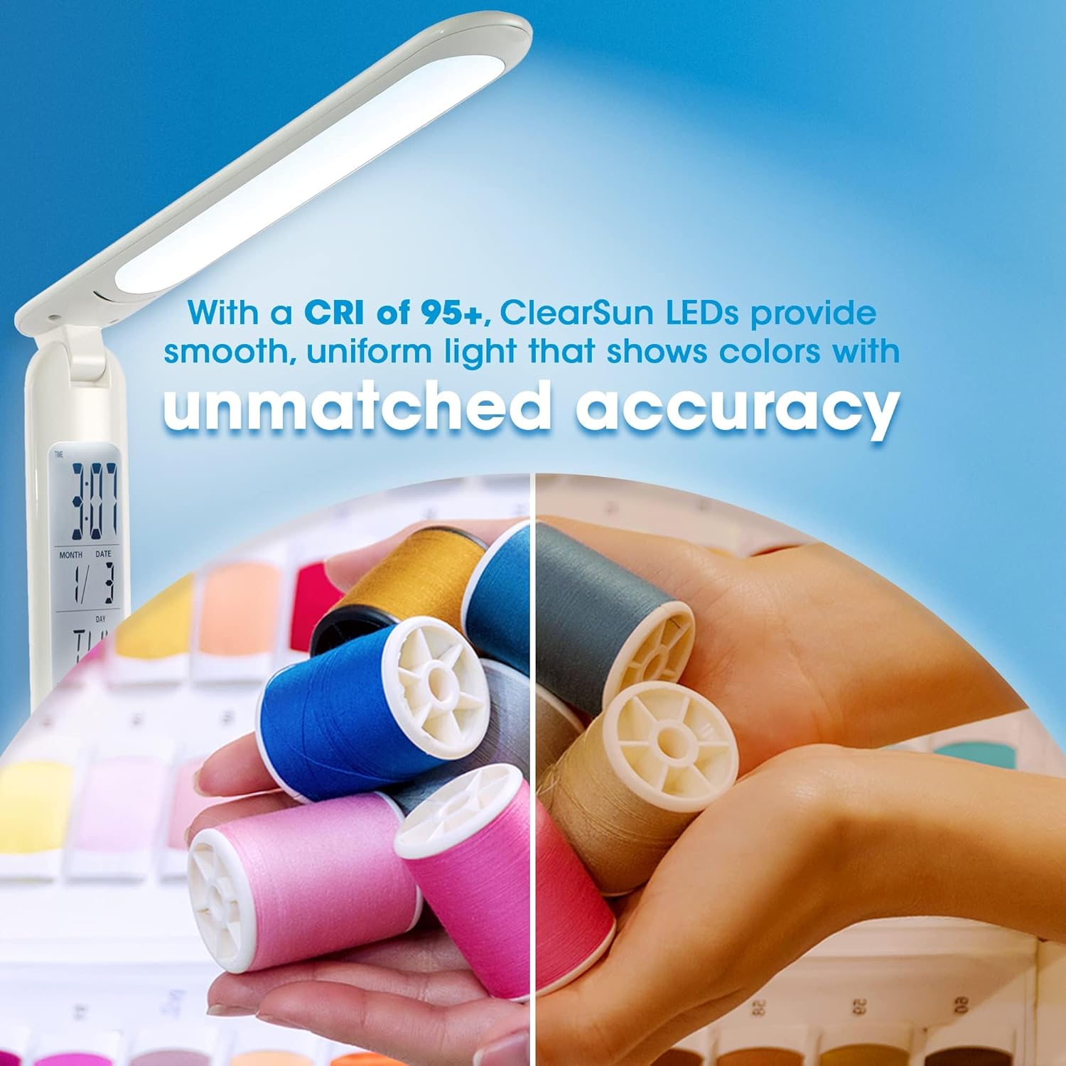 Image demonstrating the superior color accuracy of OttLite ClearSun LEDs compared to standard LEDs, showing spools of thread under different lighting conditions.