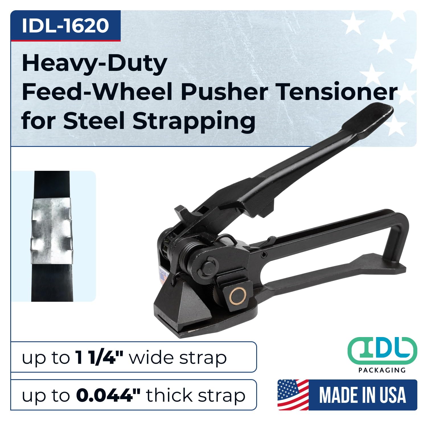 IDL Packaging IDL-1620 Feed-Wheel Pusher Strapping Tensioner for 5/8" to 1 1/4" Steel Strapping, USA Made – Perfect for Round and Flat Packages – Heavy-Duty Banding Tool with Long Service Life