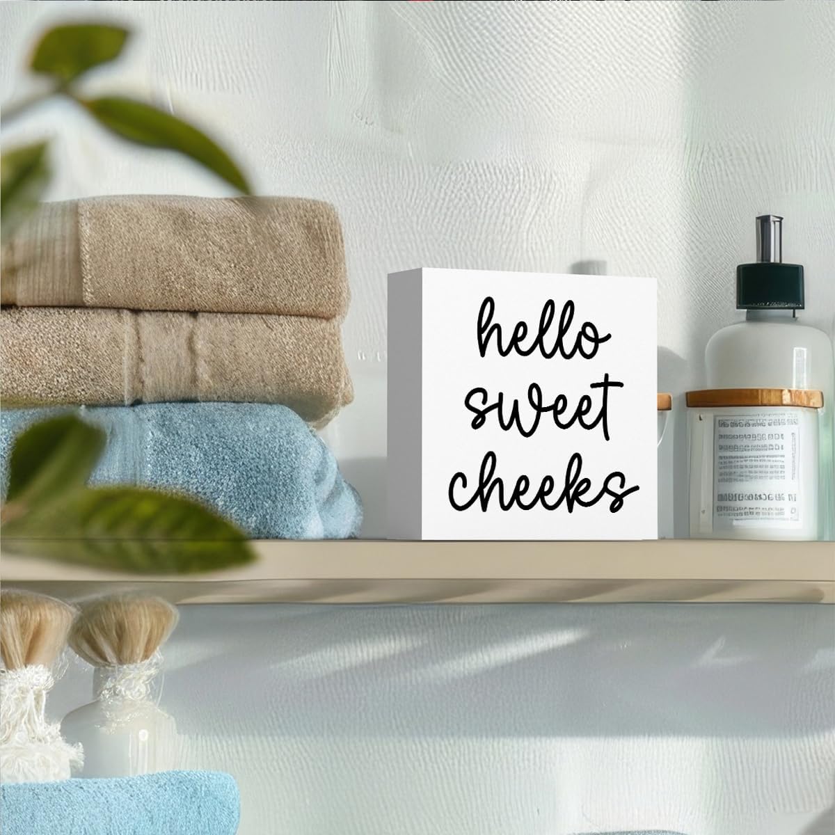 Hello Sweet Cheeks Bathroom Decor, Funny Bathroom Signs Decoration, Black and White Bathroom Decoration, Bathrooms Decor for Shelves, Wooden Box Decoration Sign for Home Farmhouse Living Room Table image 5