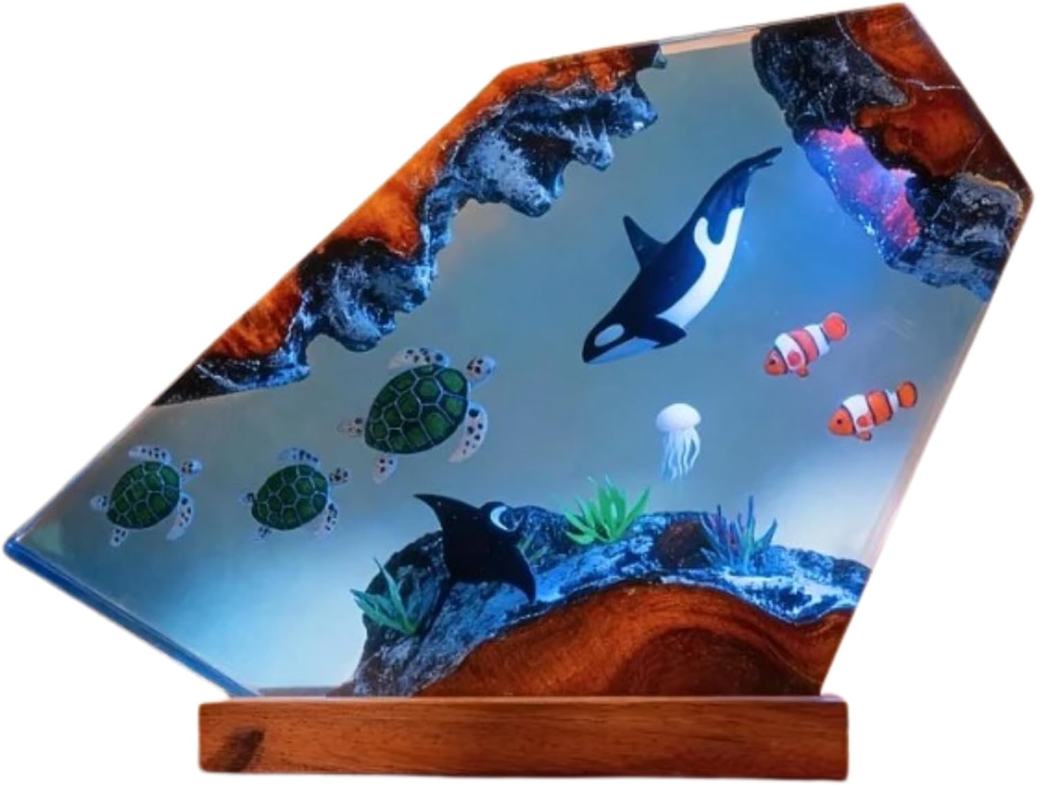 Ocean Resin Lamp – Marine Life Night Light with 16 Color LED, USB Powered Whale Shark & Turtle Desk Lamp with Wooden Base & Remote,Handmade Gift for Christmas, New Year