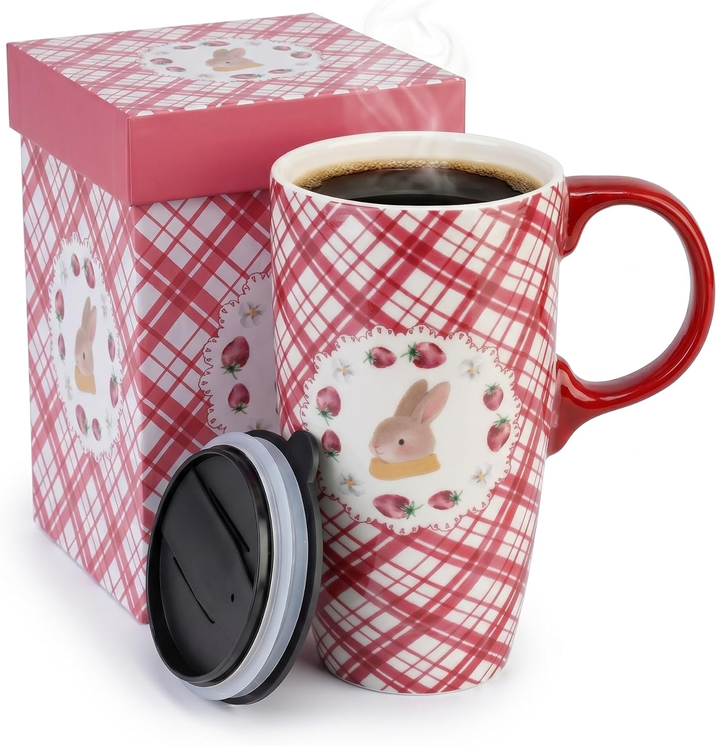 Topadorn 17oz Ceramic Travel Mug with Lid, Bunny Coffee Mug with Handle
