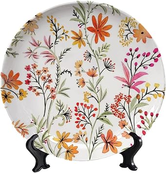 Floral Decorative Plate Holder, 6 Inch, Blooming Flowers Round Display Plate, Table Top Plate Decor with Stand, for Kitchen Living Room Office Countertop Decor