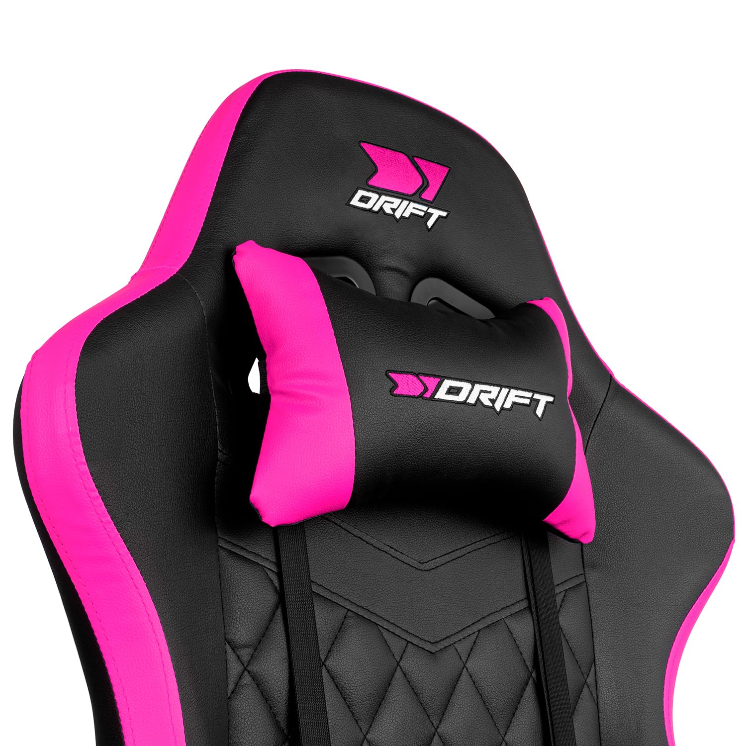 DRIFT GAMING DR35 – Profesjonalny ergonomiczny fotel gamingowy z podparciem lędźwiowym i regulowanymi podłokietnikami 2D, odchylany do 135°, ciche koła, tapicerka ze skóry syntetycznej, Czarny/Fuksja