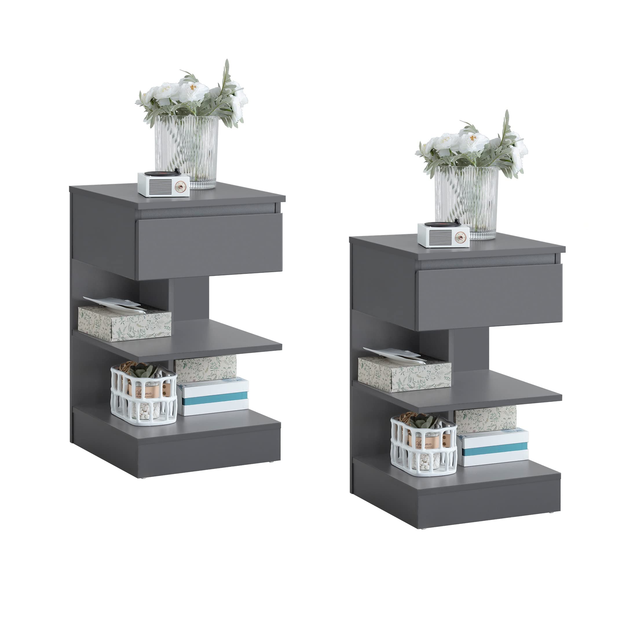 SoBuy 2er Set Nachttisch schmal, Nachtschrank mit 1 Schublade und 2 Ablagen, Moderner Beistelltisch, Aufbewahrungsschrank für das Schlafzimmer, Bedside Table B39 x T39 x H65 cm Grau FBT49-HGx2
