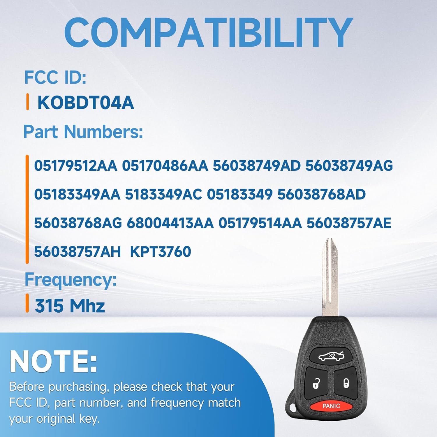 2PCS Key Fob Replacement Fits for Chrysler 300 Magnum 2005 2006 2007 Aspen 2005-2009 Charger 2006-2007 Durango 2006-2009 Jeep Commander 2006-2007 Grand Cherokee 2005-2007 Keyless Entry Remote KOBDT04A - Image 3