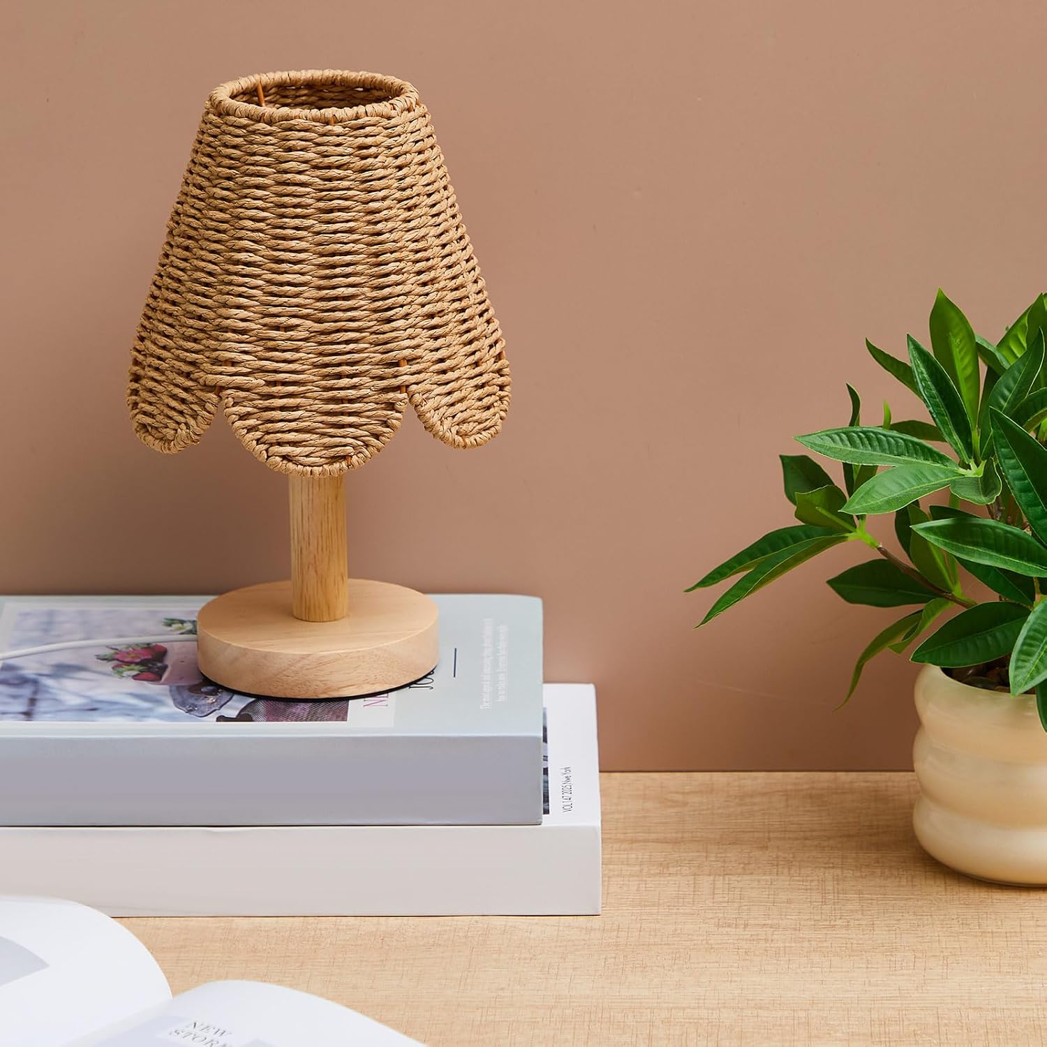 Glooglitter Small Clip-on Chandelier Rattan Lamps Set Shade Scalloped Lampshade 3"top x 6"bottom x 5-1/4"slant Height Empire Lamp Shade Chandelier or Accent Lamp(Paper Rope,Naturals,2 Pcs)