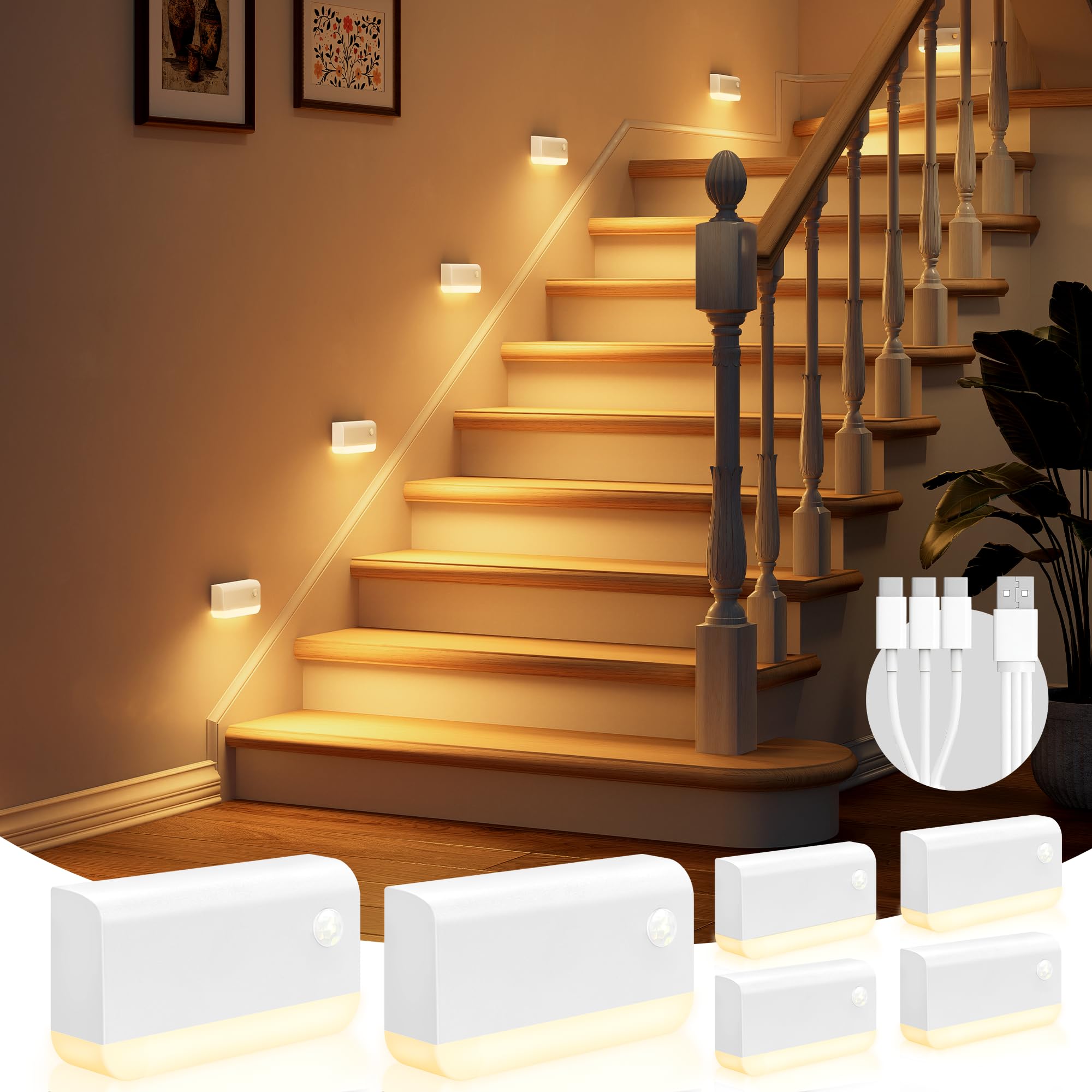 VOLISUN Luz Nocturna con Sensor de Movimiento Recargable, 6 Piezas Luz LED Escaleras con Cable de Carga 3 en 1 y Batería de 1200mAh, Luces Escaleras Sensor Movimiento para Pasillo Escaleras Gabinetes