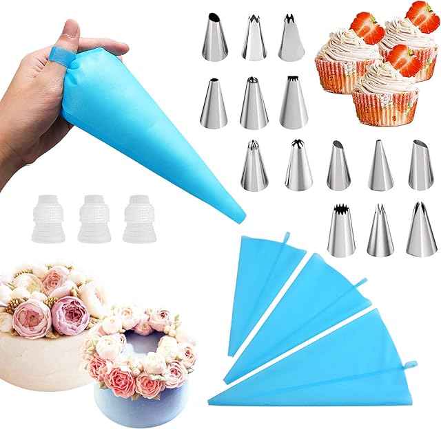 20 Pack Nozzles and Piping Bags Set with 3 Size Reusable Piping Bags/Icing Bagwith 3 Coupler14 Stainless Steel Cake Piping Nozzles Tips Kits.Cupcakes/Cookies/Cream Decorating Kit Baking Supplies.