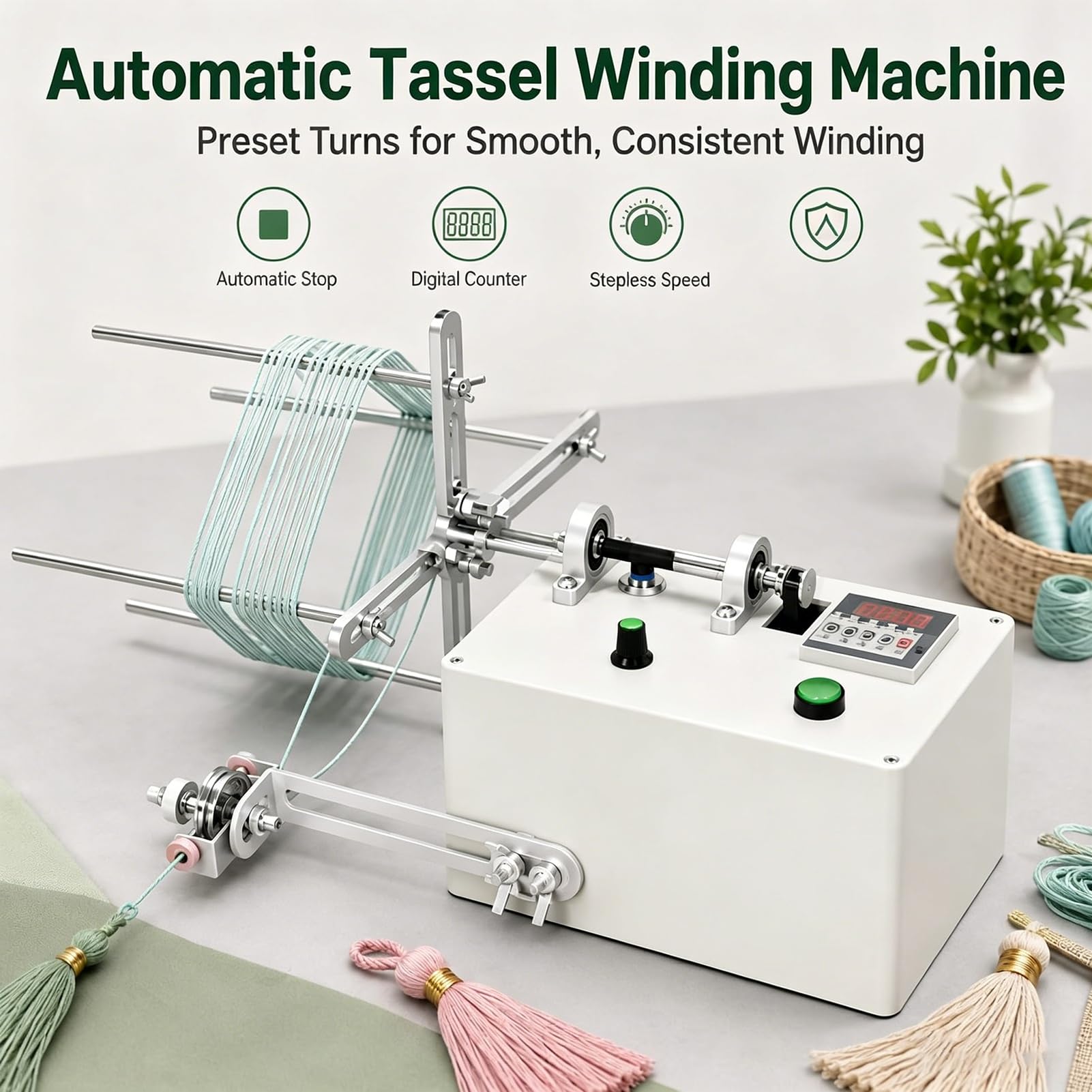 Máquina eléctrica de bobinado de borlas, herramienta de carrete de hilo inteligente, bobinadora automática de hilo con pantalla digital, velocidad y giros ajustables, circunferencia máxima de 50 cm