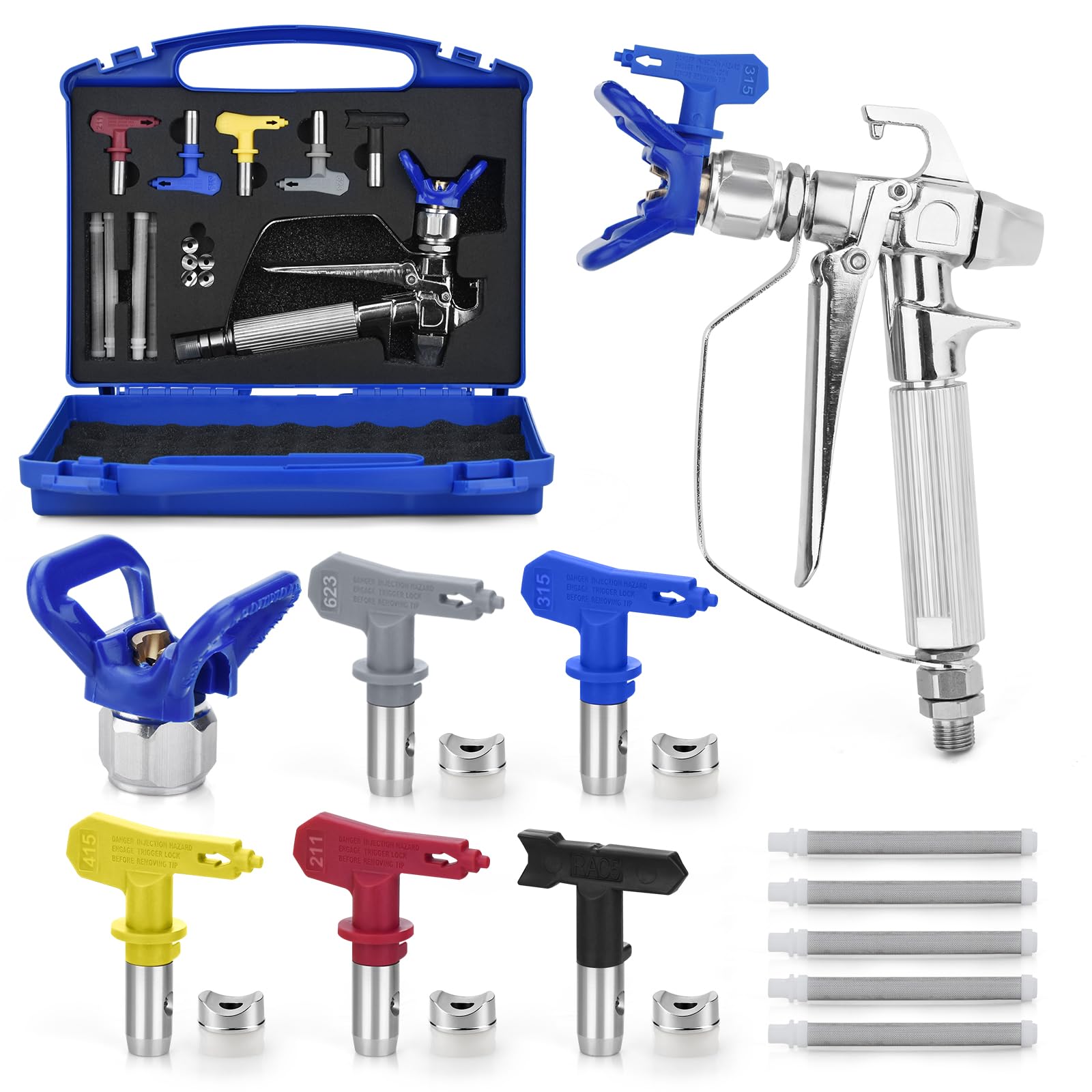 Kit de Pistolet a Peinture Airless de 13 Pièces,avec 5 Buse de Pulvérisation Airless(211,315,415,517,623), Buse Siège, 60 Mesh Éléments de Filtre de 5 Pièces et la Boîte