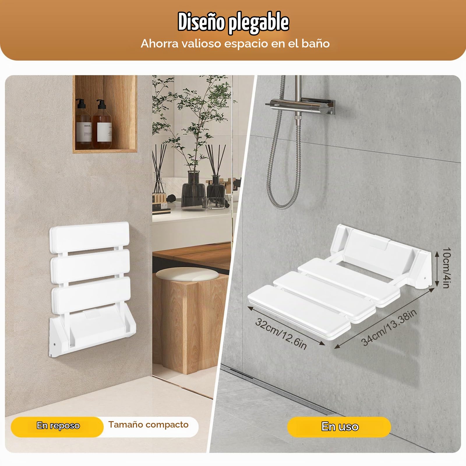 Silla de ducha plegable, montada en la pared, hasta 130 kg, antideslizante, barra de ducha, asiento, silla de baño para personas