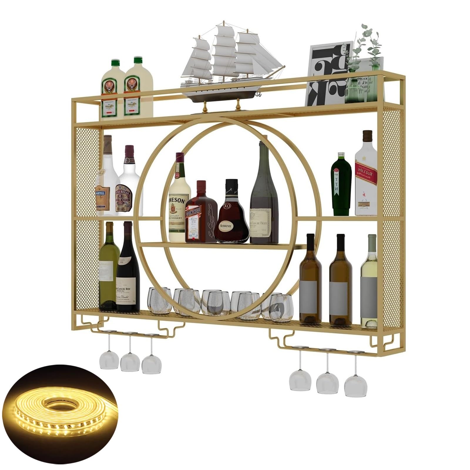 AYCDL LED Rack Wall Mounted With Glass Holder, Iron Bar Liquor Shelf, Floating Shelves for Kitchen Cellar, Liquor Bottle Display Shelf, Glass Storage Racks,Gold-100x15x80cm