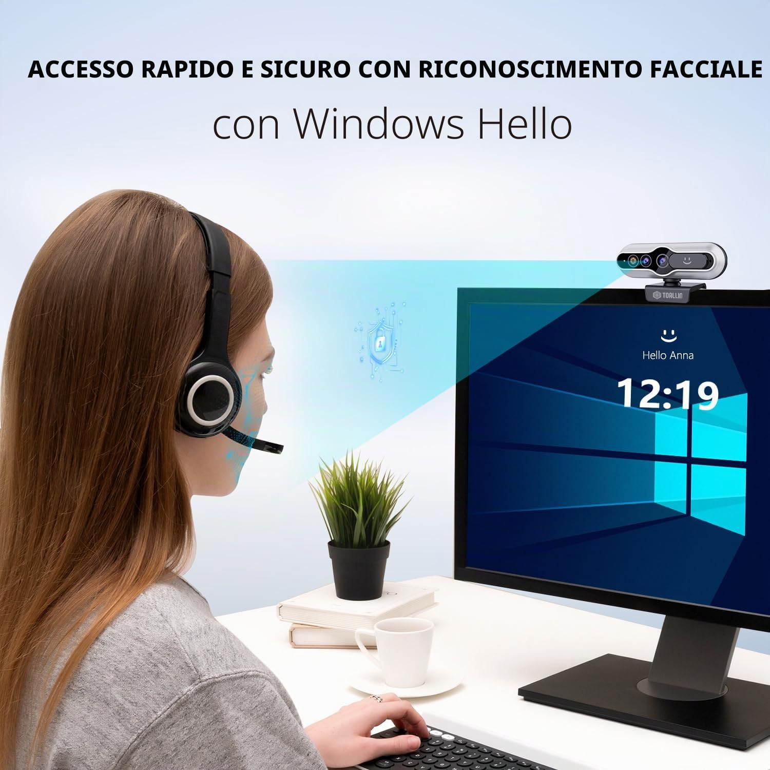 TOALLIN Webcam 2K con Windows Hello, riconoscimento facciale, 5 milioni di pixel, fotocamera per computer con autofocus, webcam USB con microfono e otturatore per la privacy