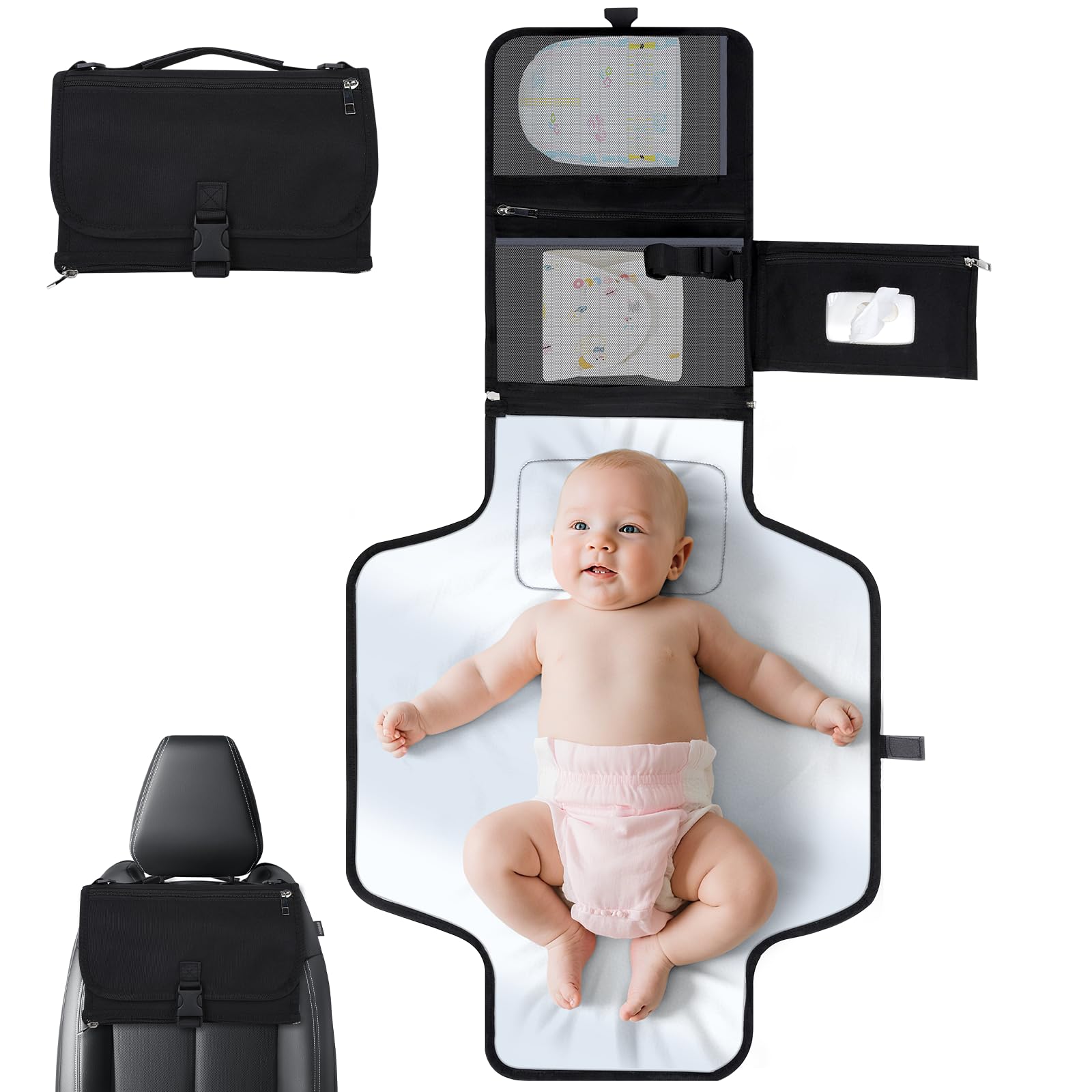 VINATO Fasciatoio Portatile Neonato, Fasciatoio Pieghevole con Tasca Salviettine Umidificate, 70x56 cm, con 5 Tasche, Impermeabile e Lavabile per Viaggio