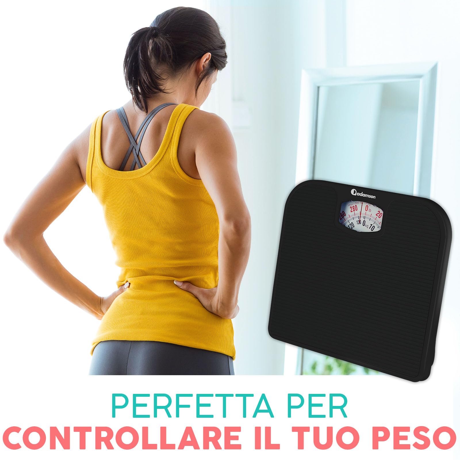Adamson A21 Bilancia Pesapersone Meccanica - Fino a 136 KG - Superficie in Gomma Antiscivolo - Bilancia Pesapersone Analogica - Bilancia Analogica con 20 Anni DI Garanzia - Nero Completo