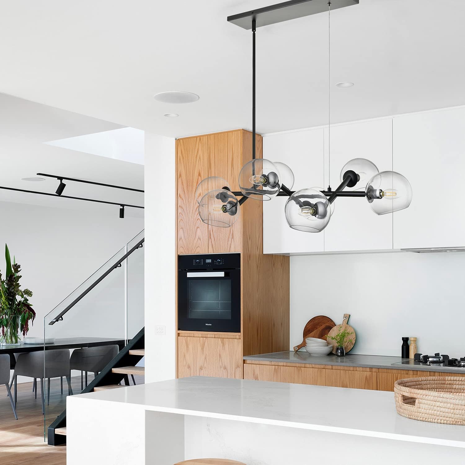 Linea di Liara Angolo 8-Light Black Dining Room Light Fixtures Over Table Rectangular Modern Globe Light Chandelier Linear Light Fixture Farmhouse Kitchen Island Light Fixtures, Clear Glass UL Listed