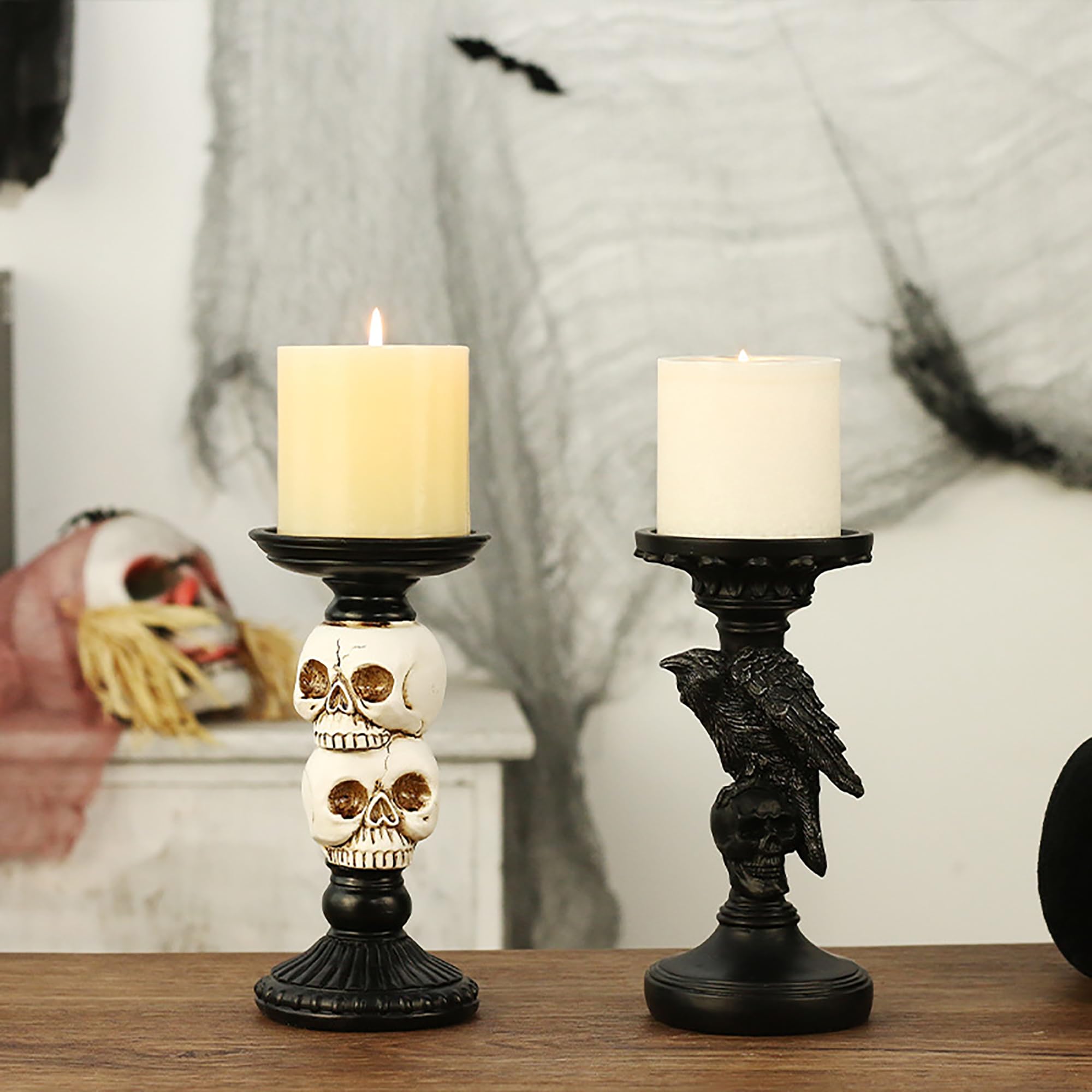 Bougeoir D'Halloween En Résine - Forme Loup/Corbeau/Hibou/Chauve-Souris, Noir, Pour Bougie Thé Ou LED - Décoration Maison Hantée