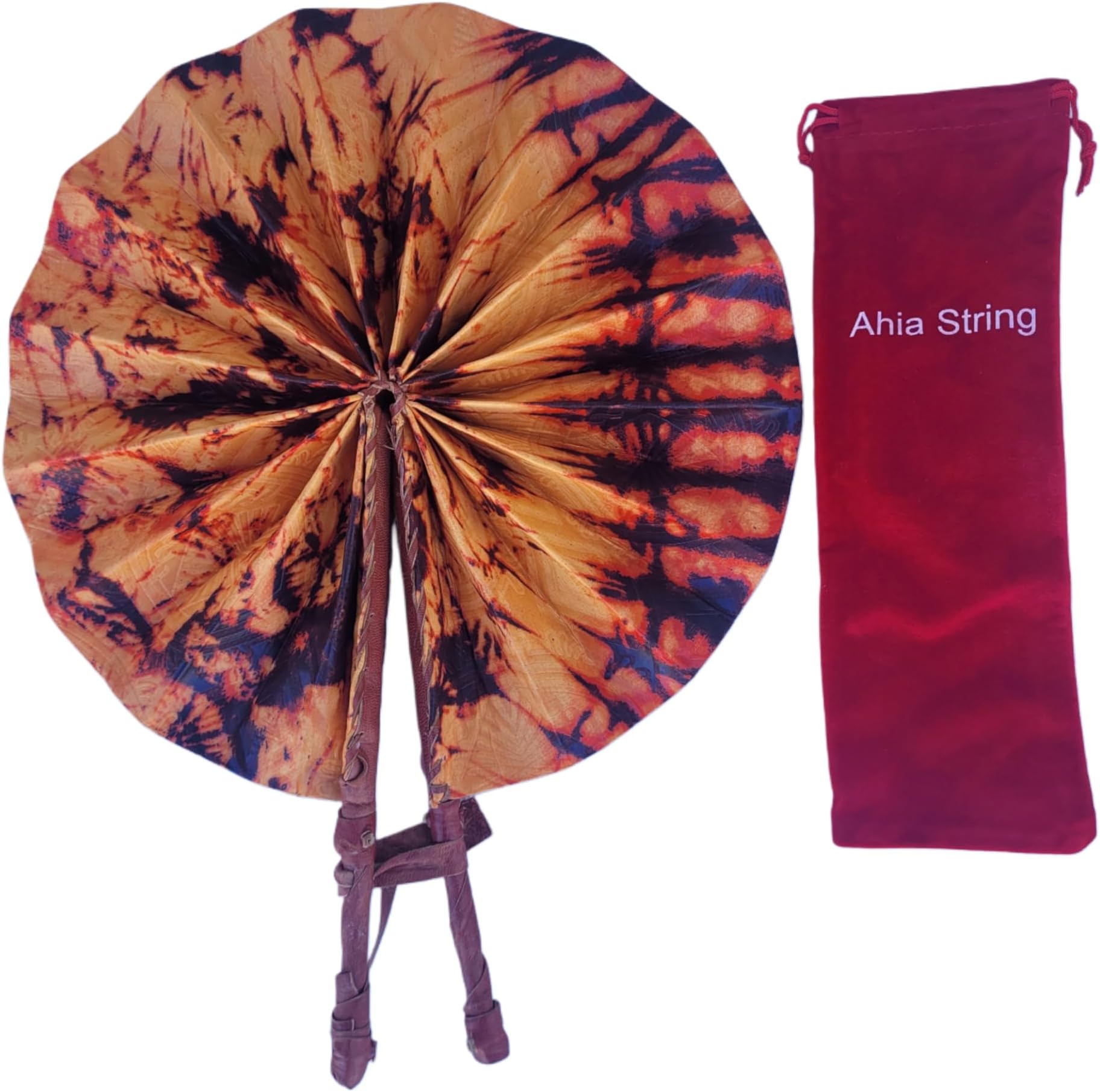 Ahiastring African Fabric Folding Fan - Vibrant Ankara Design with Leather Accents - Perfect for Church, Wedding, or Sports Events - Includes Pouch.
