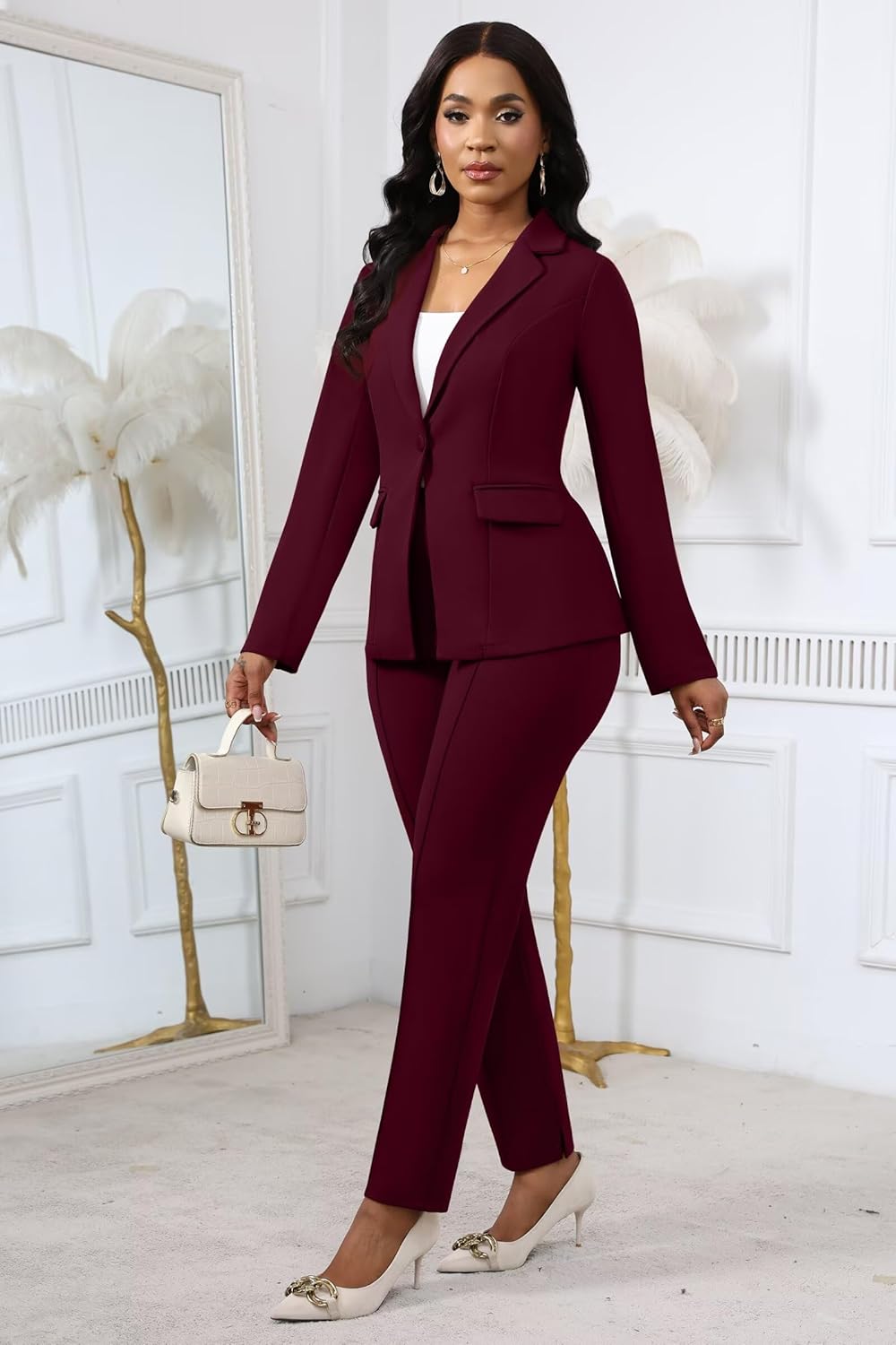 MorwenVeo 2 Piece Blazer Outfits for Women Casual One Button Blazer Jacket with Pant Suit Long Sleeve Sexy Bodycon Pantsuits