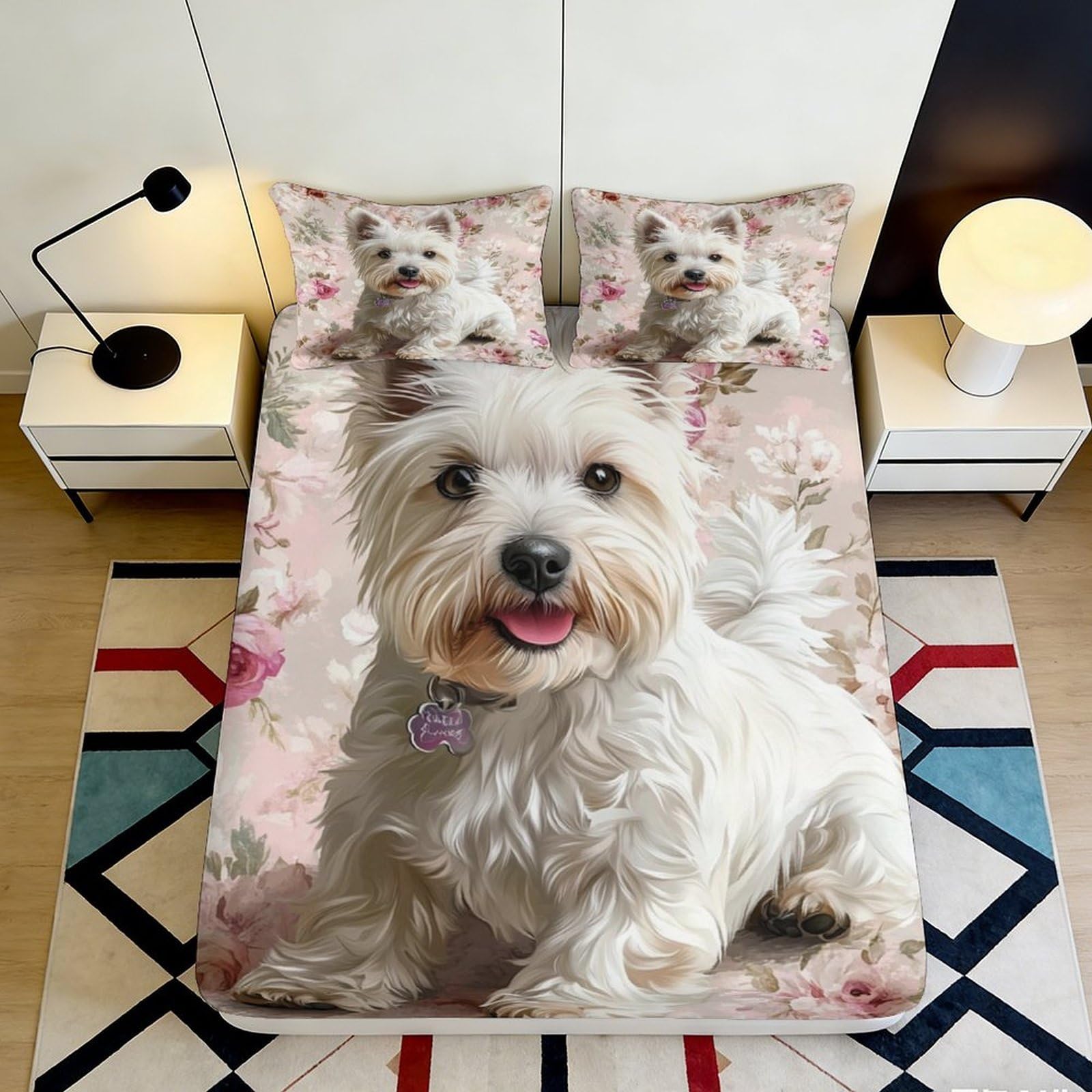 Pnayamiorkfel Style-3 3D Printed White Westie Dog Fitted Sheet Microfiber Floral Bed Cover For Bedroom Guest Room Décor Easy Care 90X200x25cm