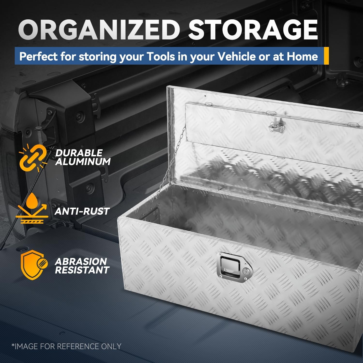 Auto Dynasty Heavy Duty Aluminum Diamond Plate Tool Box for Pick Up Truck Bed RV Trailer Waterproof Square Storage Organizer with Side Handle, 30.3'' W x 13.0" D x 10.2" H, Lock and Keys - Silver
