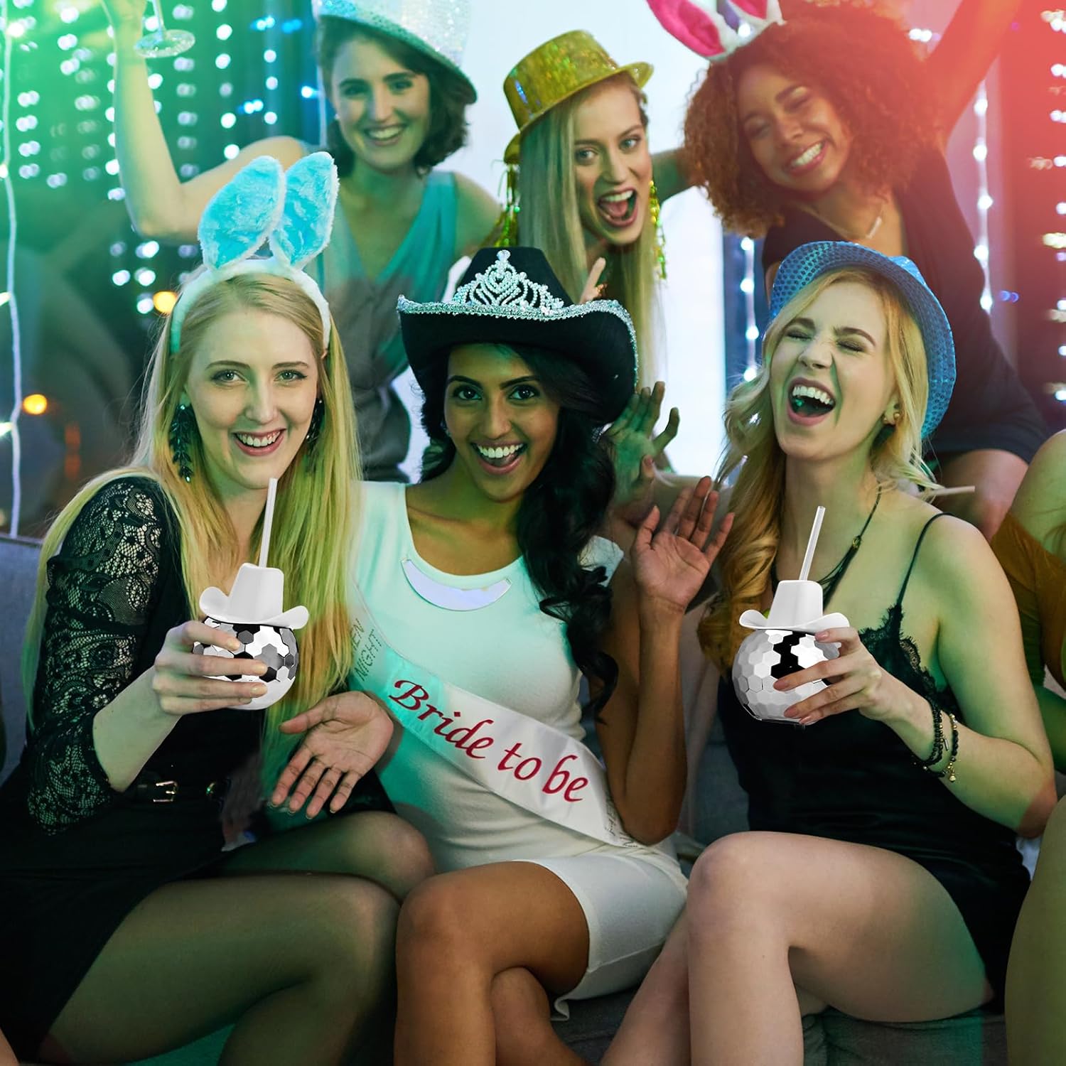 ALINK Disco Ball Cups with Cowboy Hat Lids and Straws, 20 OZ Silver Sparkly Disco Party Tumbler, Novelty Cups for Hen Bachelorette Party, Bride Shower Decorations, Pack of 2 - Image 7