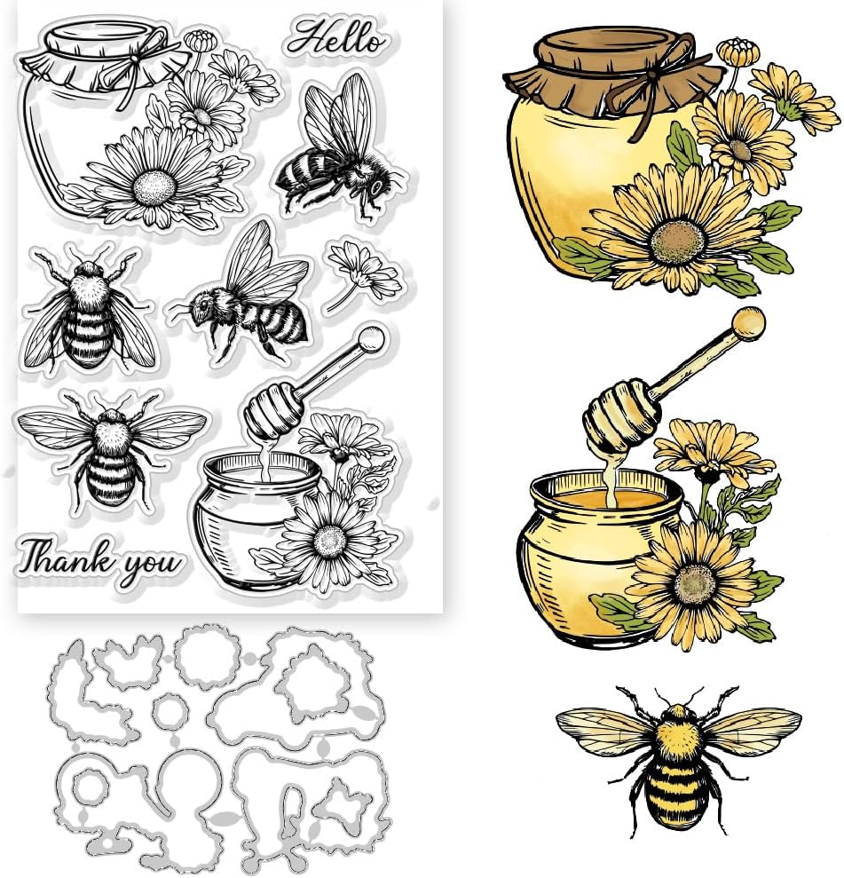 GLOBLELAND 2Pcs Bee Flowers Clear Stamps and Cutting Dies