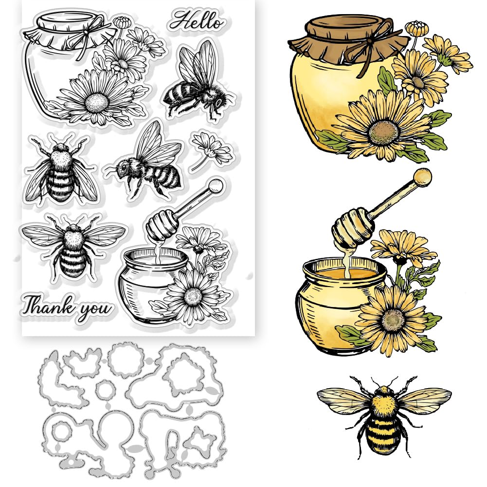 GLOBLELAND 2Pcs Bee Flowers Clear Stamps and Cutting Dies Bee Honey Jars Daisies Silicone Clear Stamps Cards and Metal Die Cuts for Card Making and DIY Embossing Scrapbooking
