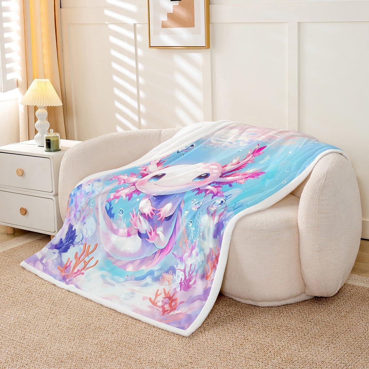 Erosebridal Teen Girl Axolotl Fleece Blanket Throw 50x60 Kids Cute Axolotl Sherpa Blanket Cartoon Ocean Sealife Fuzzy Plush Throw Kawaii Salamander Decor
