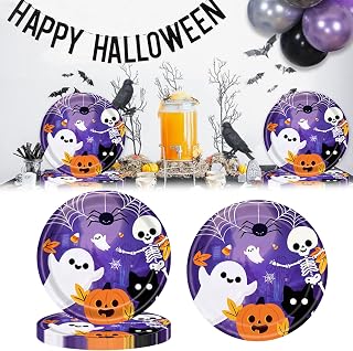 24 Pcs Happy Halloween Party Disposable Paper Plates Cute 9 Inch Round Dinner Plates for Birthday Party Dinner Decorations (Purple Ghost Skull Pumpkin)