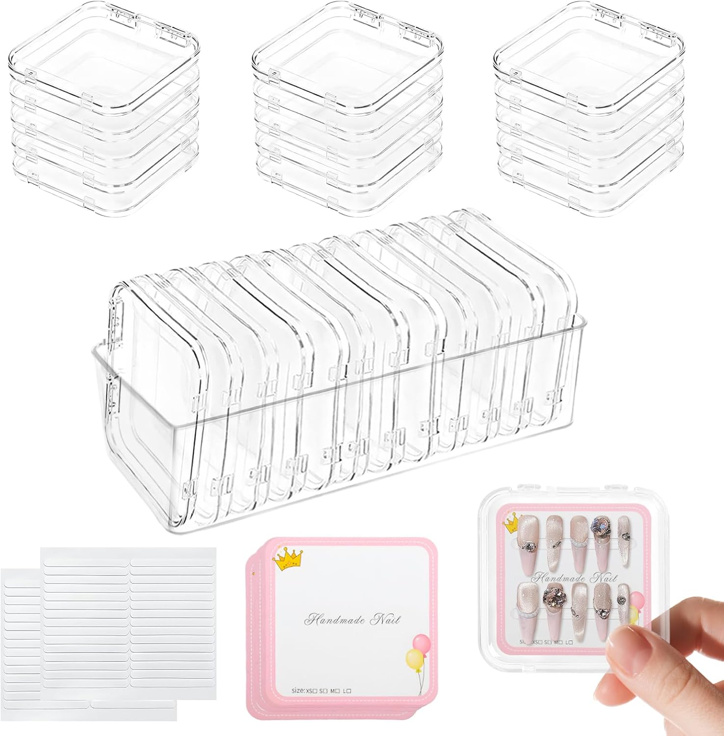 26 PCS Press on Nail Storage Box, 24PCS Small Press on Nail Box and 2 Pack Big Nails Storage Boxes Plastic, Nails Case Containers for Art DIY Jewelry Fishing Tackle, Mini Clear Dimond Storage