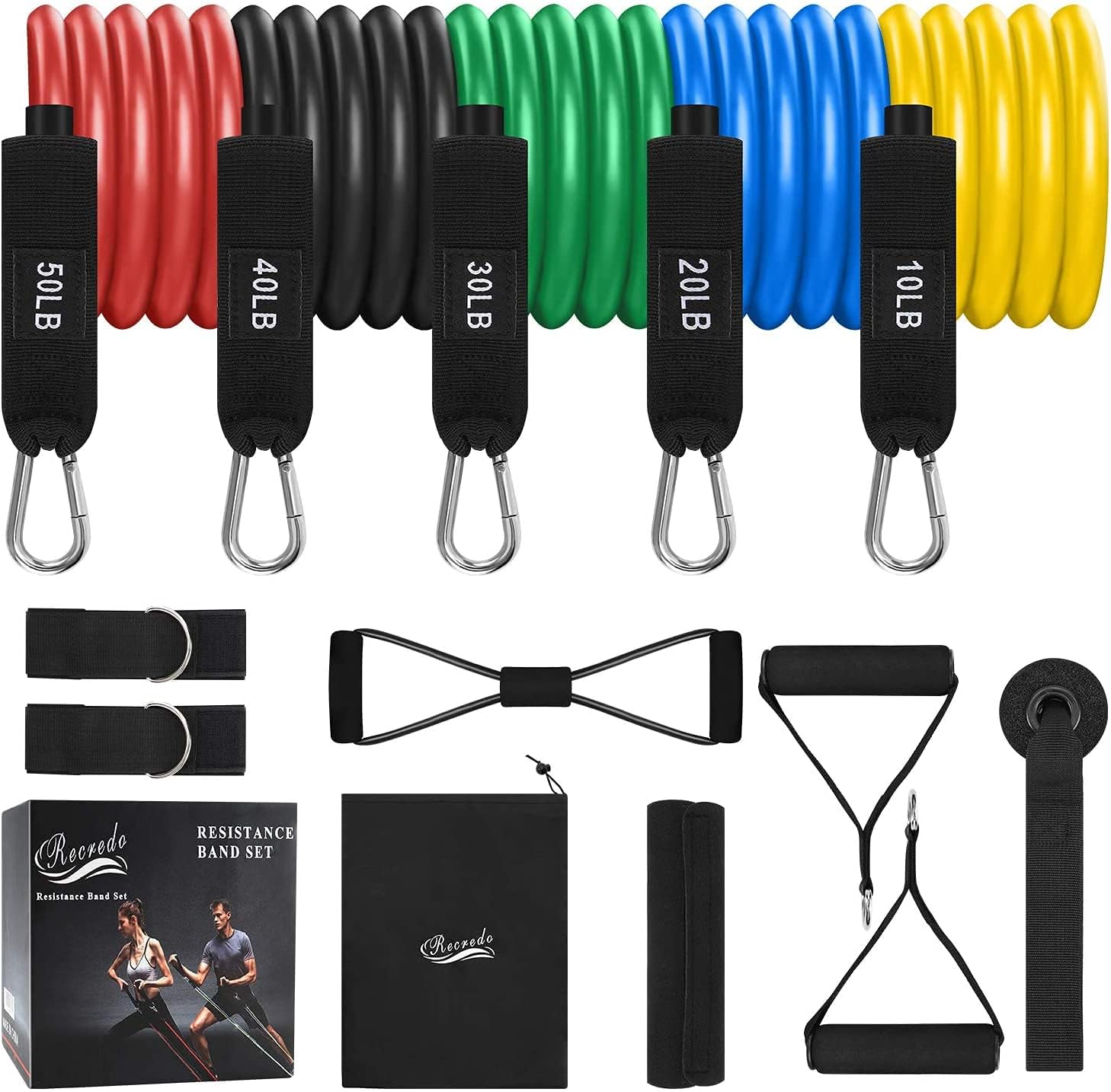 Resistance Bands Set 13pcs, Workout Bands Recredo, Exercise Bands Set with Door Anchor, Handles and Ankle Straps, Stackable Up to 150 lbs, for Resistance Training, Physical Therapy, Home Workouts