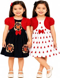 KidzzCart Girls Cotton Shrug Frock with Bow Detail, Short Sleeve Dress, Multicolor Pack of 2 Price In India