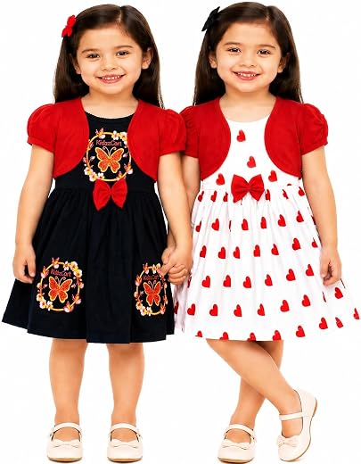 KidzzCart Girls Cotton Shrug Frock with Bow Detail, Short Sleeve Dress, Multicolor Pack of 2