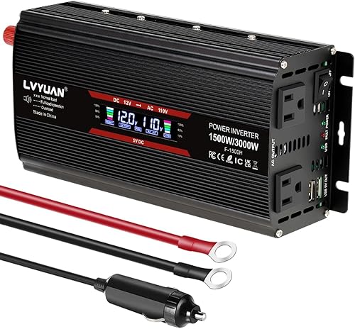 Vista 15 de LVYUAN Inversor de corriente de coche de 1500 W de 12 V a 110 V para vehículos con pantalla LED, salidas de EE. UU., puertos USB para acampar al Rojo
