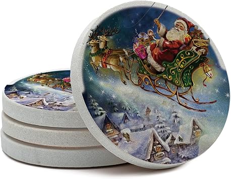 Thirstystone Santas Sleigh Round Natural Sandstone Coaster 4 Pack