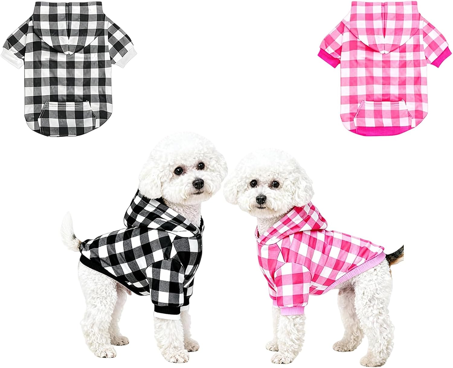 2 Packs Dog Hoodie Sweatshirt for Dogs - Fleece Lined Dog Sweater with Pocket, Warm Plaid Dog Coat for Small Medium Large Dogs, Windproof Pet Hoodies for Cold Weather (Blackwhite, Pinkwhite-S)